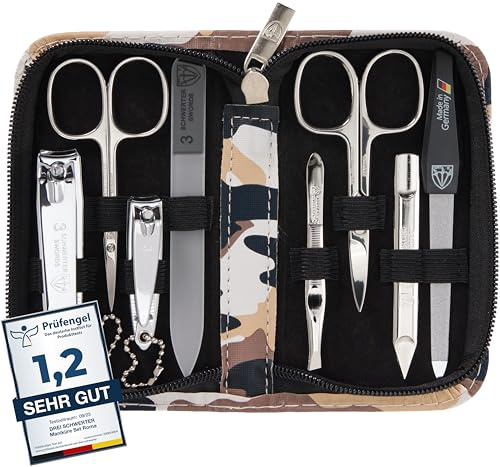 DREI SCHWERTER - Maniküreset 'Roma' - Nageletui mit 8 Instrumenten: Nagelschere, Hautschere, Fuß/Finger-Nagelknipser, Nagelreiniger, Pinzette, Glasnagelfeile, Saphirnagelfeile - camouflage