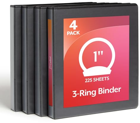 Cardinal Economy 3 Ring Binder, 1 Inch, Presentation View, Black, Holds 225 Sheets, Nonstick, PVC Free, 4 Pack of Binders (79512)