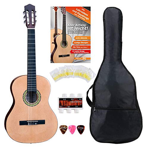 Classic Cantabile AS-861 Konzertgitarre 4/4 Starter-SET (akustische Klassikgitarre, geeignet für Kinder ab 14 Jahren, Tasche, Saiten, Noten, Plektren, Stimmpfeife) natur