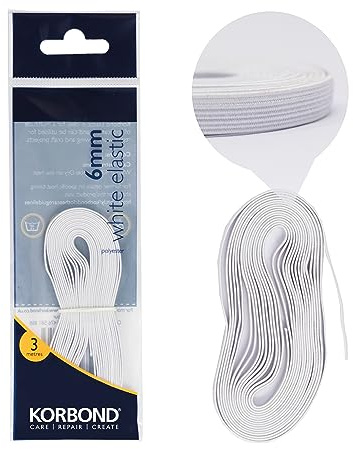 Korbond Cinta de Goma elástica Blanca, para arreglos de Ropa, cinturillas, puños, confección, Manualidades, remiendos, Mezcla de poliéster Duradera, 6 mm x 3 m