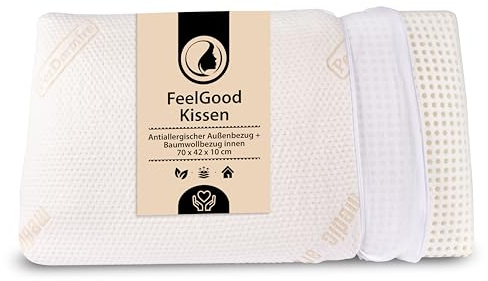 MaxxGoods Feelgood Nackenstützkissen H10cm Viscogelschaum - orthopädisches Kissen mit 100% Baumwollbezug innen + antiallergischen Außenbezug - HWS Kissen für Bauchschläfer & Kinder geeignet (70x42cm)