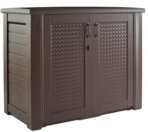 Rubbermaid Decorative Outdoor Storage Cabinet (123 Gal), Weather Resistant, Brown, Organization for Home/Backyard/Pool Chemicals/Toys/Garden Tools/Porch/Patio Cushions