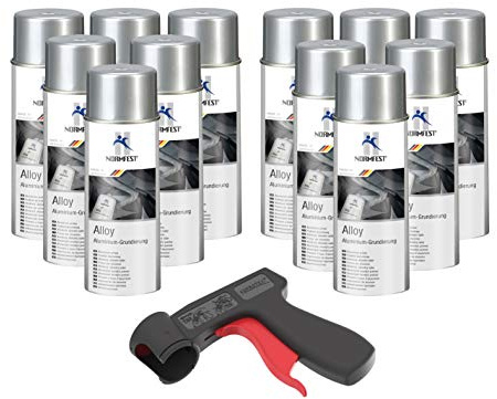 AUPROTEC Pistolengriff + Normfest Aluminium Grundierung Alloy Alu Grund Aluspray 600°C hitzebeständig Spray 12x 400ml