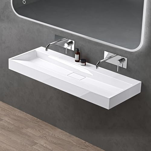 doporro Lavabo da Appoggio Lavabo Bagno Rettangolare Sospeso da 100cm Bianco Lucido, Lavandino Bagno da Minerale Fuso Senza Foro per Rubinetto 100x46x11 cm, Set di Scarico Incluso Colossum19