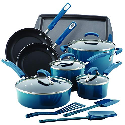 Rachael Ray 17626 Light Non-Stick Cookware Set, Pots and Pans, Aluminium, Navy Blue