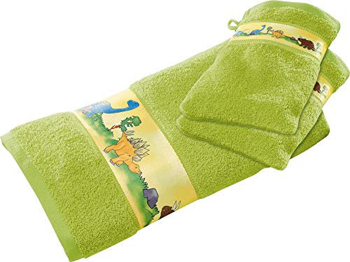 Erwin Müller Kinder-Walk-Frottier-Set 3-TLG mit Dino-Motiv 1x Handtuch, 2X Waschhandschuhe grün Größe - kuschelweich, atmungsaktiv, besonders schnell trocknend und saugstark