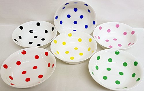 fromeuropewithlove Spots Bowls Set of 6 Fine Bone China Multi Colours Black Blue Green Pink Red Yellow Cereal Bowls Hand Decorated in the UK