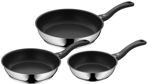 WMF 733706299 Devil Set di 3 padelle con rivestimento antiaderente diametro 20/24/28 cm con manico in acciaio inox Cromargan ceramica induzione lavaggio a mano, acciaio inox, Argento, 28 cm, 3 unità