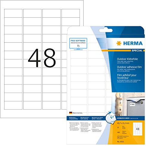 HERMA 9531 Wetterfeste Folienetiketten, 10 Blatt, 45,7 x 21,2 mm, 48 pro A4 Bogen, 480 Stück, selbstklebend, bedruckbar, matt, blanko Outdoor Klebeetiketten Aufkleber aus Polyethylen, weiß