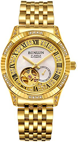 BINLUN Guldpläterade automatiska armbandsur för män, skelett Tourbillon design, Guldskelett 5, 20mm, armband