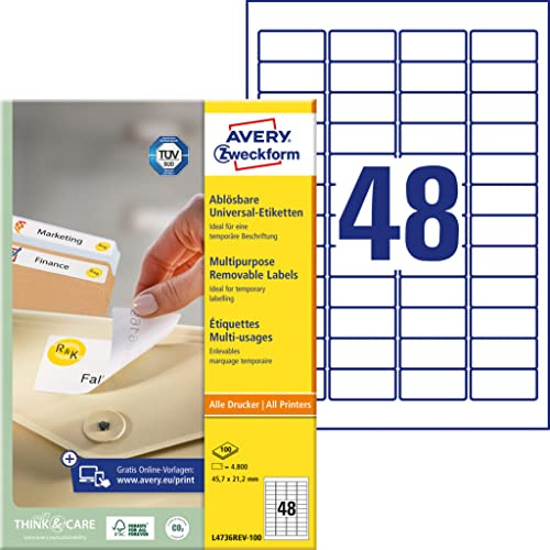 AVERY Zweckform L4736REV-100 Universal Etiketten (4.800 Klebeetiketten, 45,7x21,2mm auf A4, wieder rückstandsfrei ablösbar/abziehbar, individuell bedruckbare, selbstklebende Aufkleber) 100 Blatt, weiß