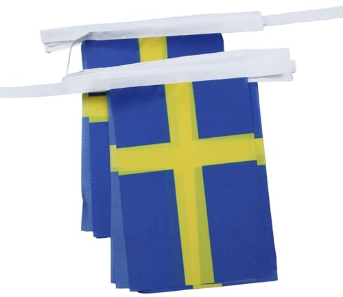 AZ FLAG Festone Svezia 6 m 20 bandiere Poliestere Leggero 21x15 cm | Uso interno ed esterno ghirlanda di bandiere svedese Sverige bandiere cucite su nastro rinforzato