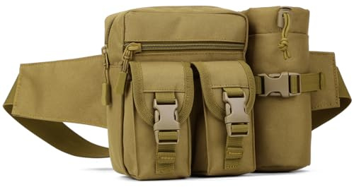 Huntvp Waist Pack Bag with Water Bottle Pouch Molle Belt Bag Bumbag for Cycling Hiking Walking Outdoors,Brown