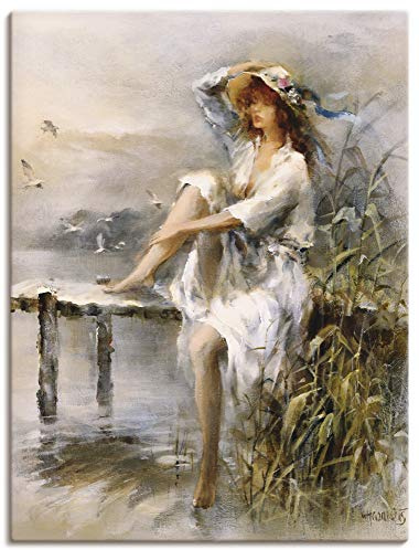 ARTLAND Wanddeko Leinwand Bilder Wandbild Frau Natur See Landschaft Steg Gräser Landhaus Kunst Malerei L0HM