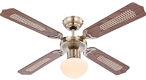 GLOBO Deckenventilator mit Zugschalter Ventilatorlampe Decke 3 Stufen Ventilator Deckenleuchte, Vor-Rücklauf, Eiche Geflecht Glas, 1x E27, D 106,6 cm 0309/034009