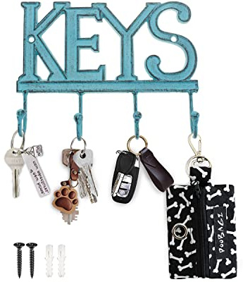 Comfify Key Holder “Keys” – Wall Mounted Western Key Holder | 4 Key Hooks | Decorative Cast Iron Key Rack | with Screws and Anchors – 6x8”- CA-1506-04 (Rustic Blue)