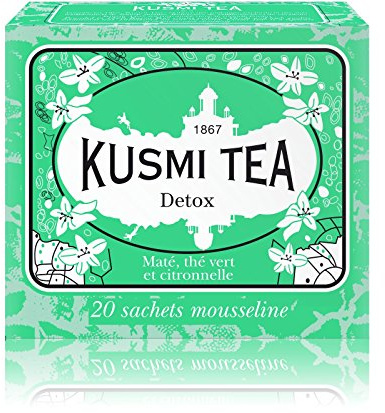 Kusmi Tea -Thé Detox - Mélange de Maté, Thé Vert, et Plantes Aromatisé Citron - À Déguster Chaud ou en Thé Glacé - Parfums Finement Acidulés - 20 Sachets Mousseline
