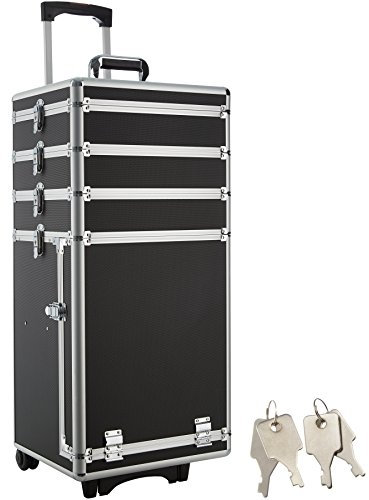 tectake® Alukoffer Kosmetikkoffer mit Rollen, 4 einzeln abnehmbare und abschließbare Ebenen, mit Deckel, Schminkkoffer Damen, Make Up Koffer, Friseurkoffer, Moderationskoffer - schwarz