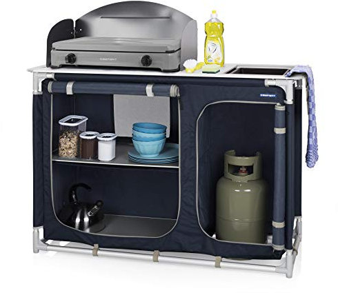 Campart KI-0753 Outdoor Camping Kitchen – Sink and Windshield included – Carrier bag included – Adjustable feet – 102 x 48 x 85/116cm, Blue