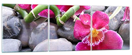 Mehrteilige Bilder auf Glas Asiatisch bambus orchidee steine Glasbild 90x30cm Wandbilder Dekoration Wohnzimmer Schlafzimmer Küche Set 3 teilige Klein Wanddeko Wand Kunstdruck Art Modern GCA90x30-0465