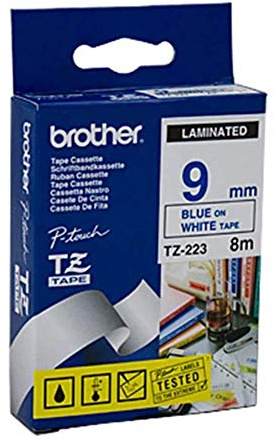Brother Original P-touch Schriftband TZe-223 9 mm, blau auf weiß (kompatibel u.a. mit Brother P-touch H100LB/R, H105, E100/VP, D200/BW/VP, D210/VP)