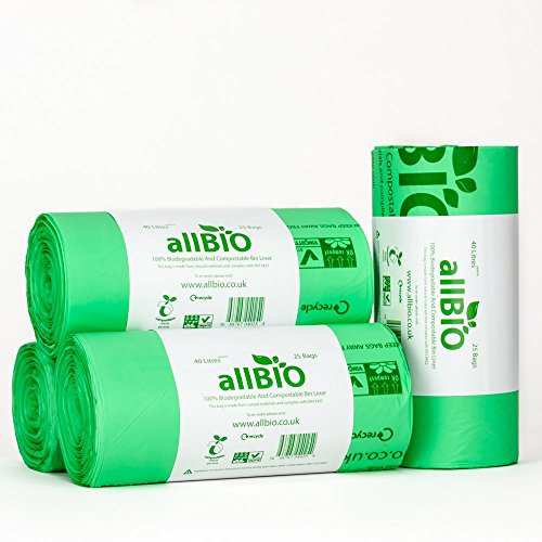 40 Litri x 100 sacchetti allBIO Sacchetti Pattumiera Organico 100% Biodegradabili e Compostabili 40 Litri/Sacchetti Contenitore Rifiuti