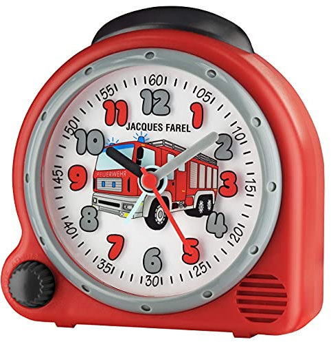 JACQUES FAREL HappySound Kinderwecker mit Melodie Soundwecker Rot mit Feuerwehr Sound Tatütata, Lautstärkeregelung Analog Quarz Licht AVC 02FIRE