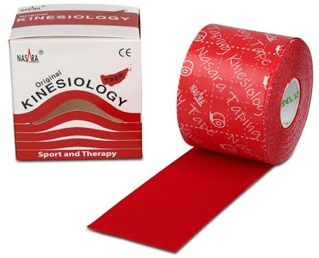 Nasara Nastro kinesiologico originale per sport e medicina, rotolo singolo, dimensioni rotolo 5cm x 5m, colore rosso