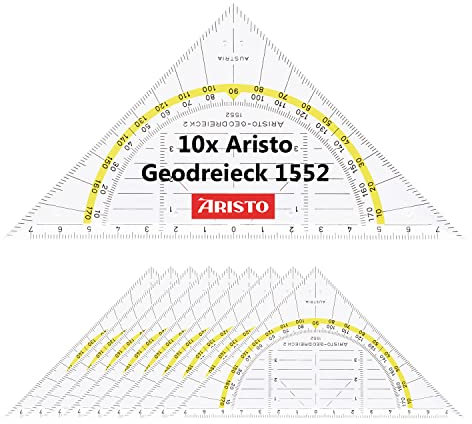 Aristo AR1552 Geodreieck (Hypotenuse 16 cm, Tuschenoppen, Facette an der Hypotenuse, Plexiglas mit Tiefenprägung, Made in Austria) transparent, 10 Stück
