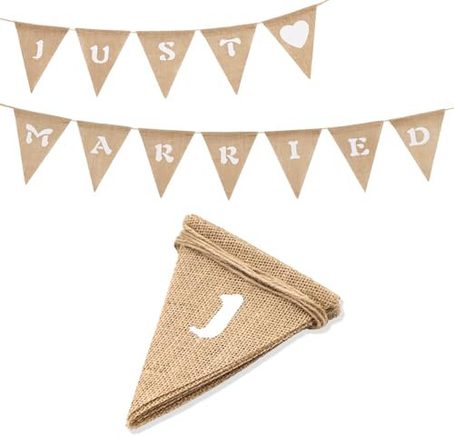 G2PLUS JUST MARRIED Burlap Bunting - 9 Feet Hessian Wedding Banner - Rustic Linen Garlands with 12PCS Jute Triangle Pennants - Vintage Cloth Shabby Chic Decoration for Rustic Wedding