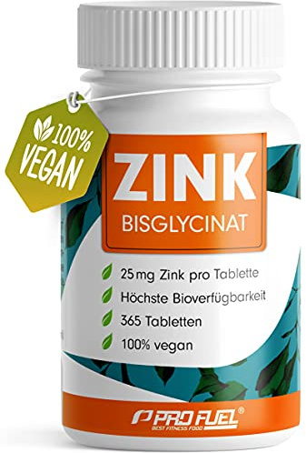 Zink 25mg - 365 Tabletten (vegan) mit Zinkbisglycinat (Zink-Chelat) für höchste Bioverfügbarkeit - laborgeprüft mit Zertifikat - optimal hochdosiert - 1 Jahresvorrat - ProFuel