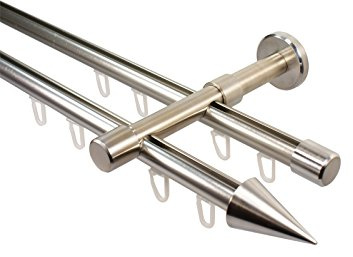 Innenlauf Gardinenstange 2-läufig 16 mm Durchmesser Farbe Edelstahl Wandmontage Vorhangstange aus Metall Endstück Spitze, 160 cm