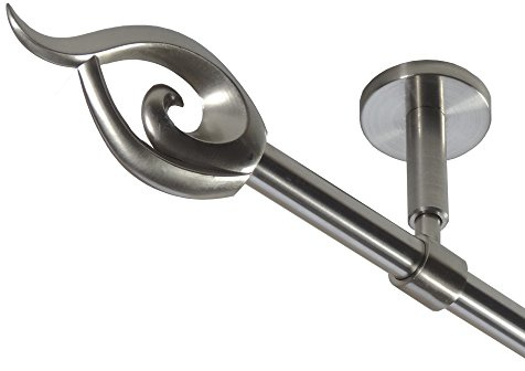 BASIT Gardinenstange Edelstahllook 16mm 1-läufig Decke Wand 200cm lang D11 | Gardinenstangenset einläufig Deckenmontage & Wandmontage Metall Vorhangstange 120-600cm wählbar Kappe Flamme E24