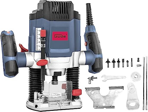 Güde 58117 - Fresa superiore OF 1200 E (1200 W, altezza di sollevamento: 55 mm, arresto di profondità regolabile in 7 posizioni, attacco pinze, 6 + 8 mm, guida a 2 colonne, regolazione continua della