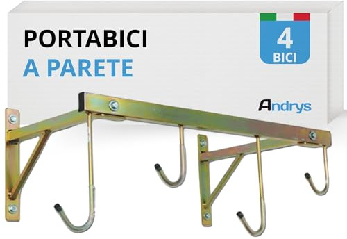 Andrys Porta Bici da Muro con Ganci per 4 Biciclette - Supporto Appendi Bici da Muro per Interni ed Esterni - Smontabile, Facile da Installare, con Tappi Antigraffio - Acciaio Zincato (Oro)