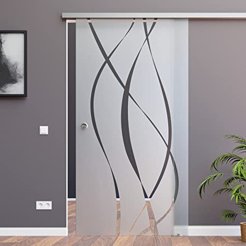 Glasschiebetür SlimLine Komplett-Set, mit SoftStop, 1025x2050x8mm, Dekor M6, Siebdruck, Griffmuschel und Bodenführung BM6-1025-AS