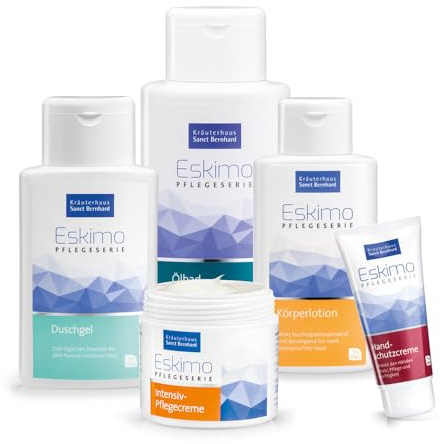 Sanct Bernhard Eskimo Pflegeset 5 Stück - Handcreme, Körperlotion, Duschgel, Ölbad, Intensiv-Pflegecreme