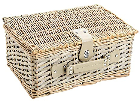 Picknickkorb grün weiß mit Blumenmuster Set für 4 Personen mit Teller, Besteck und Tassen, 24-teilig mit Geschirr, Weidenkorb
