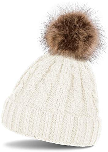 styleBREAKER Bonnet en Maille avec Motif tressé et Pompon en Fourrure, Bonnet tricoté d'hiver, Unisexe 04024064, Couleur:Blanc (Blanc crème)