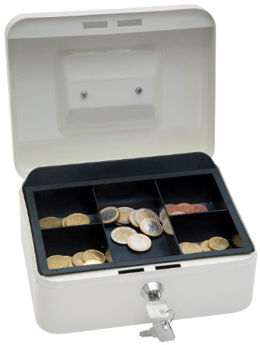Wedo 145200X Geldkassette (aus pulverbeschichtetem Stahl, versenkbarer Griff, 5-Fächer-Münzeinsatz, Sicherheits-Zylinderschloss, 20 x 16 x 9 cm) weiß