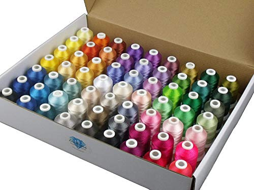 Simthread 40WT Embroidery Thread Kit, 63 Colours, 500M/550Yds Each | 63 vibrant 40WT polyester thread colours, 500M/550Yds each, with numbered spools and a colour reference chart.
