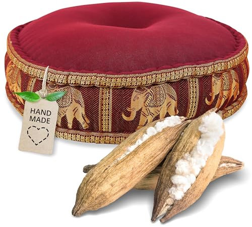livasia meditation cushion with Thai silk - Ø 18x6″ - Yoga cushion kapok, Pouffe, Floor cushion yoga Zen meditation, Seat cushion garden balcony, Zafu (Red/Elephants, Silk)