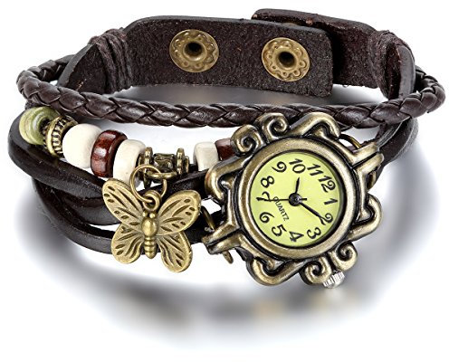 JewelryWe Damen Armbanduhr, Retro Vintage Analog Quarz Uhr mit Schmetterling Beads Kugeln Charm Leder Armkette Armband, Kaffee