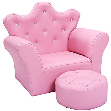 Costzon Kids Sofa, Children Upholstered Sofa with Ottoman, Princess Sofa with Diamond Decoration, Ottoman, Smooth PVC Leather Toddler Chair, Kids Pink Couch for Preschool Boys and Girls Gift (Pink)