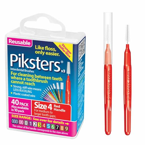 Piksters Interdental Brush Medium/Large Gaps 40 Pack Red Size 4