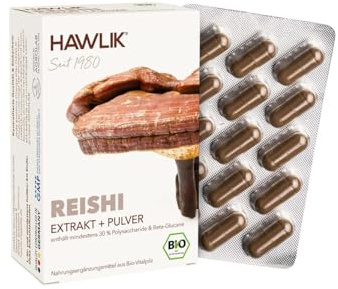 HAWLIK Bio Reishi Extrakt + Pulver Kapseln - 60 Kapseln im Blister - Mit Vitamin C - Kombination aus Extrakt & Pulver - Natürlicher Anbau - Vegan