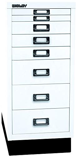 BISLEY MultiDrawer, 29er Serie mit Sockel, DIN A4, 8 Schubladen, Metall, 696 Verkehrsweiß, 38 x 27.9 x 67 cm | Mit Sockel, DIN A4, 8 Schubladen, verkehrsweiß