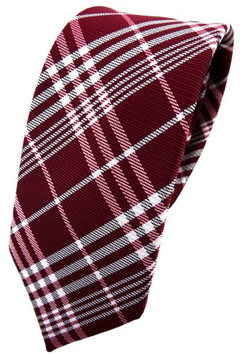 TigerTie Schmale Krawatte rot bordeaux weinrot silber grau kariert - Tie Binder