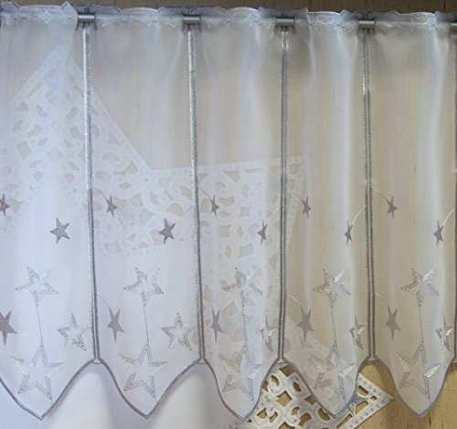 Scheibengardine nach Maß edel bestickt mit Sternen in silber - Höhe 45 cm - Breite der Gardine durch Stückzahl in 32 cm Schritten wählbar - Weihnachtsgardine Stern Bistro mit Spitze Fensterbild Weihnachten Sterne Typ302