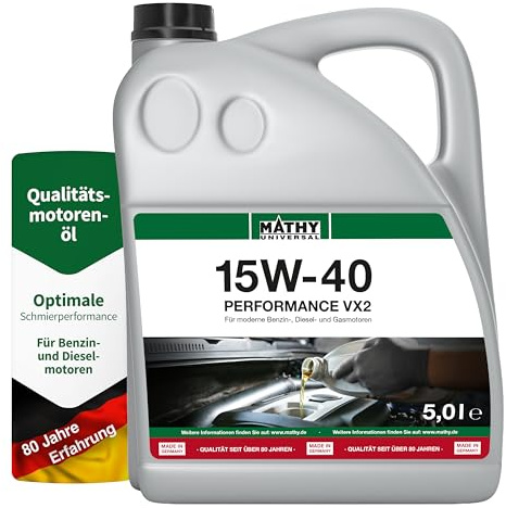 MATHY Motoröl SAE 15W-40 Performance VX2, 5 Liter, Mineralisches Motor-Öl für Diesel- und Benzin-Motoren, Turbo und Kat getestet, Universal einsetzbares Motorenöl für PKW und Nutzfahrzeuge